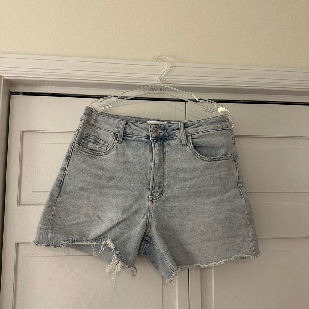 Blue Jean Shorts with Distressed Hem
